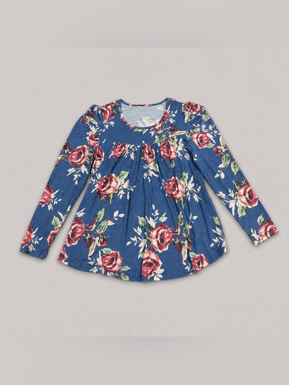 Women's Top Blouse Floral Pattern Long Sleeve Blue Size L